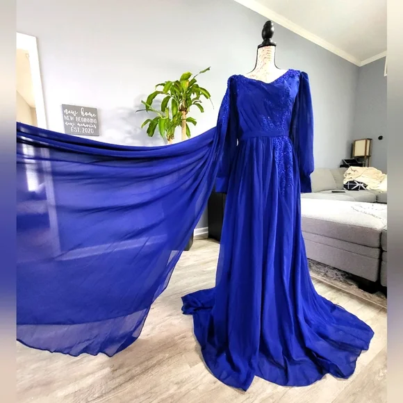 blue dress fast shipping Luxurious Blue Embellished A-Line Gown GLGL3833